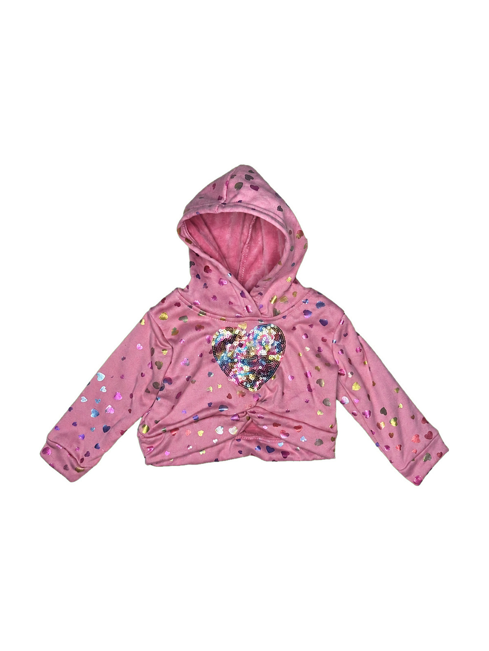Lemon Kiss Pink Hooded Kids Sweatshirt with Sequin Heart and Metallic Hearts